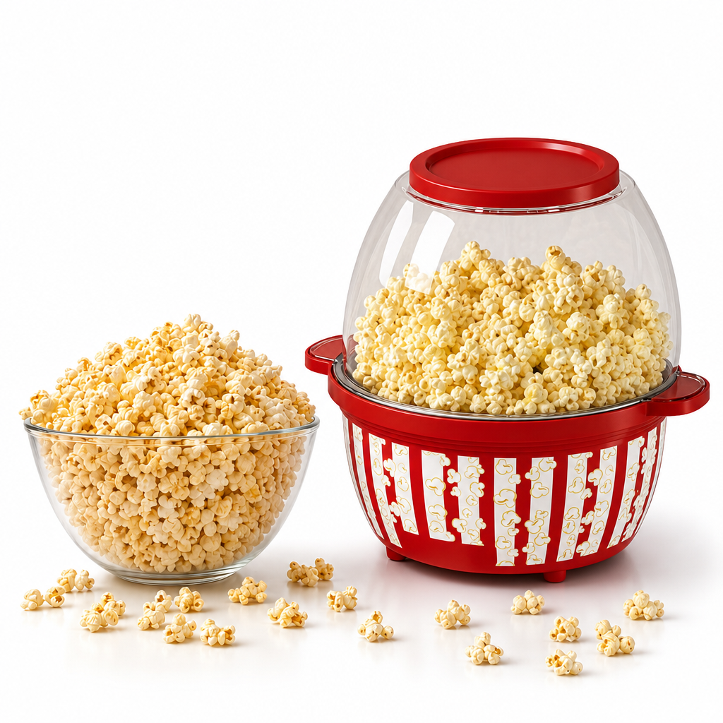 The Kernee popcorn machine product image showcases an overflowing bowl of fresh popcorn and a delicious snack ready to be enjoyed.