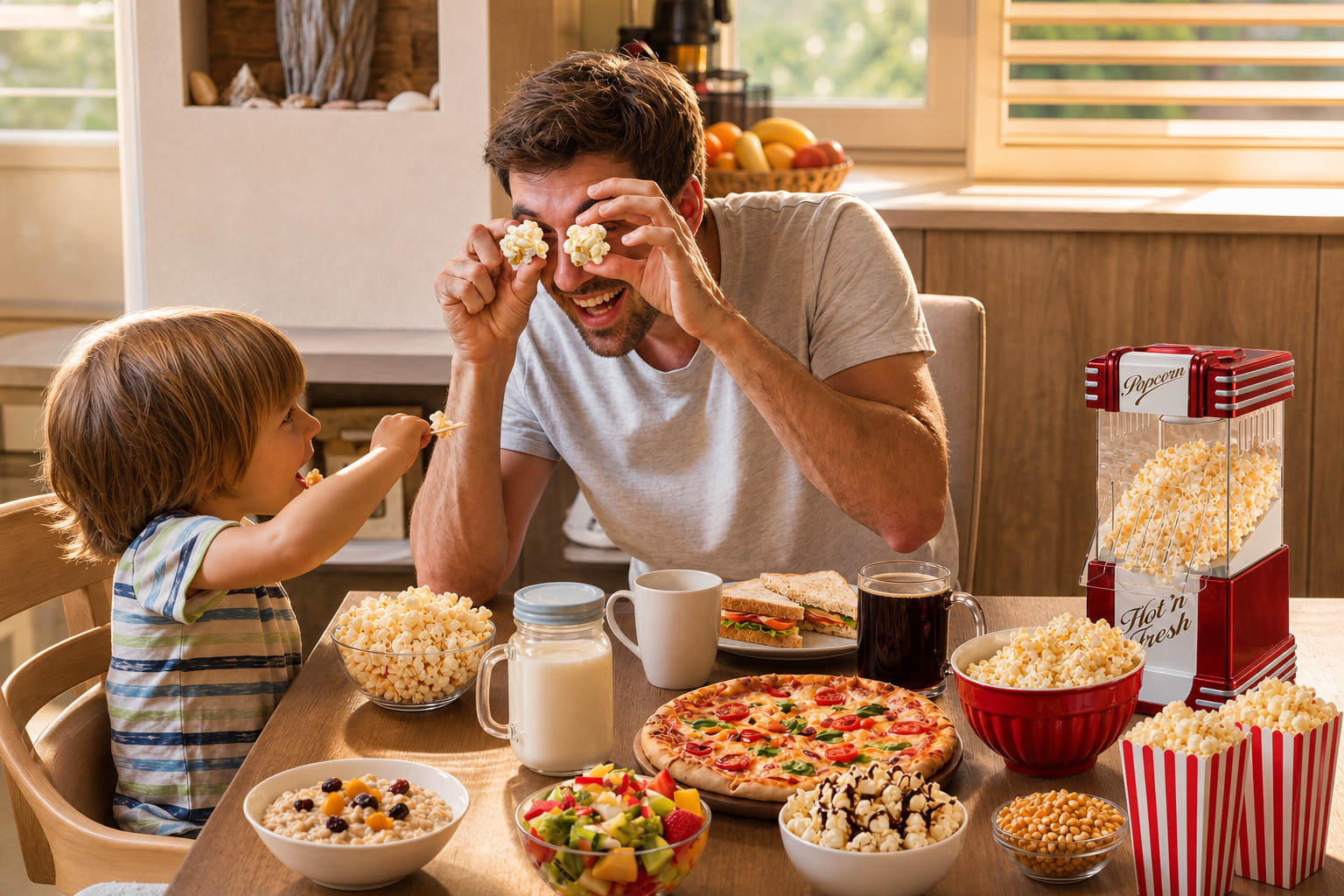 A warm family moment where a father playfully uses popcorn to amuse his son, featuring a Kernee popcorn maker on a table full of food.