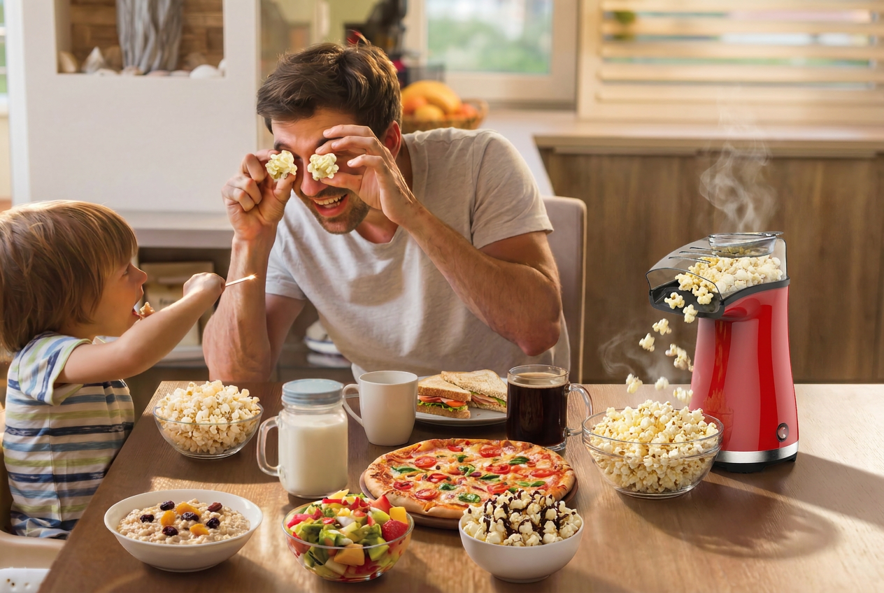Kernee popcorn maker lifestyle image: A father playfully using popcorn to amuse his son, featuring a maker on a table full of food, capturing a warm family sharing moment.