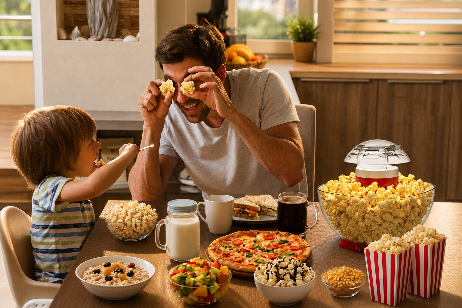 Father and daughter using the MyMini hot air popcorn maker to create various flavored popcorn snacks in a home kitchen setting