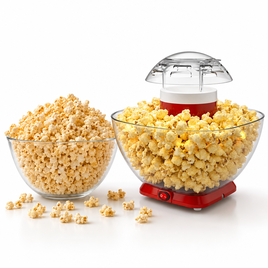 MyMini electric hot air popcorn popper with a glass bowl of fresh popcorn on a white background.