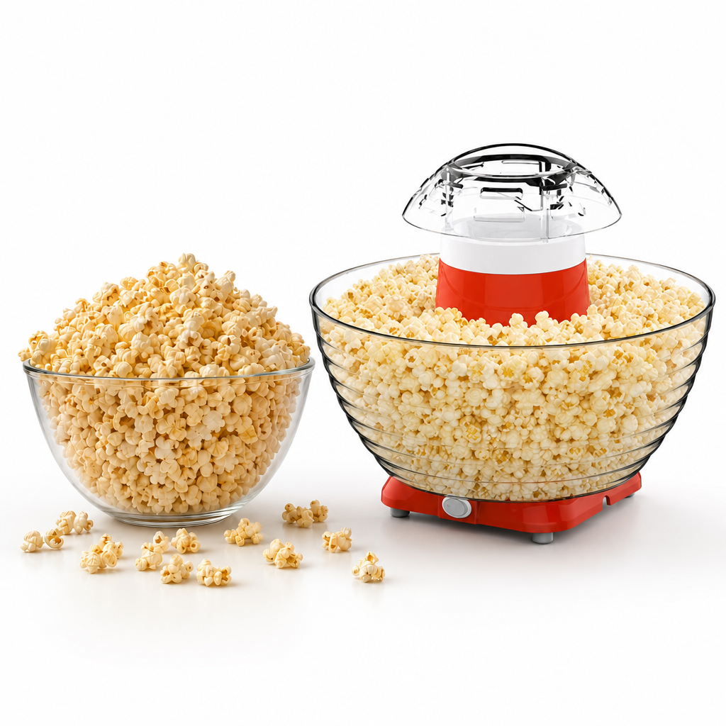 MyMini electric hot air popcorn popper with a glass bowl of fresh popcorn on a white background.
