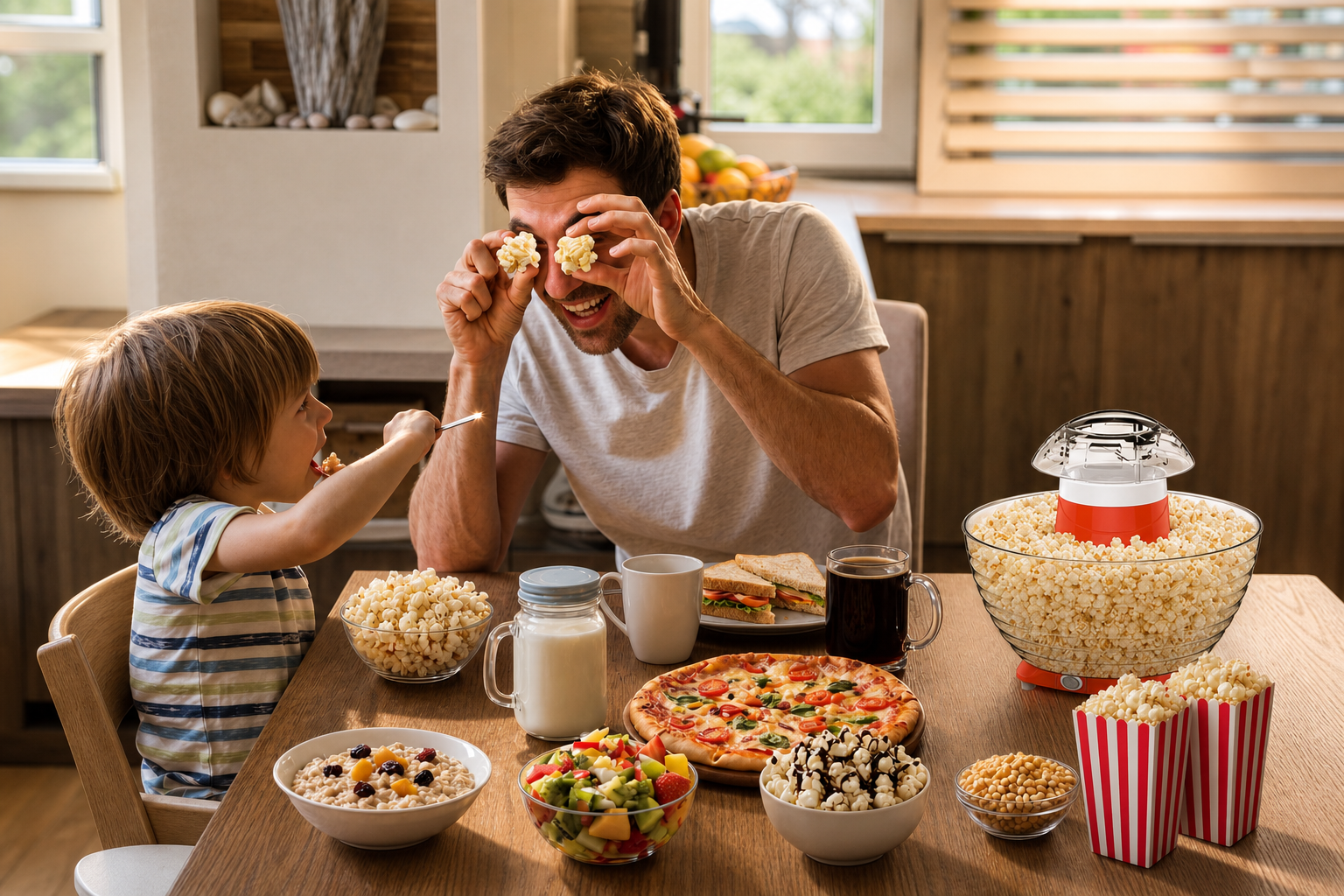 A father playfully uses popcorn to make funny eyes at his young son during a joyful meal, featuring a Kernee popcorn maker as part of a warm family "Wow Moment."