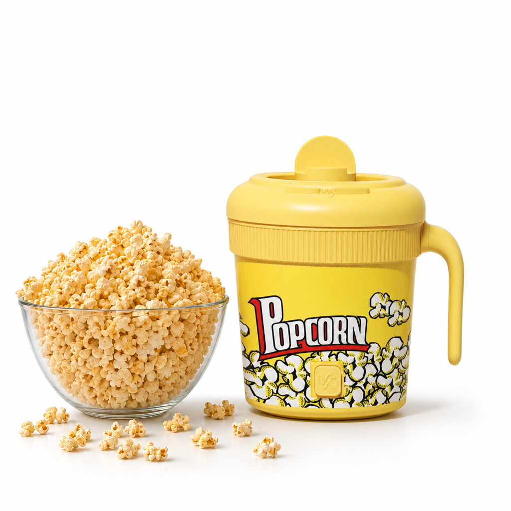 Kernee Stirring Popcorn Maker Product Image: The bright yellow body features a minimalist curved design, with a bowl overflowing with fresh popcorn placed on the side, showcasing a clean and simple modern design.