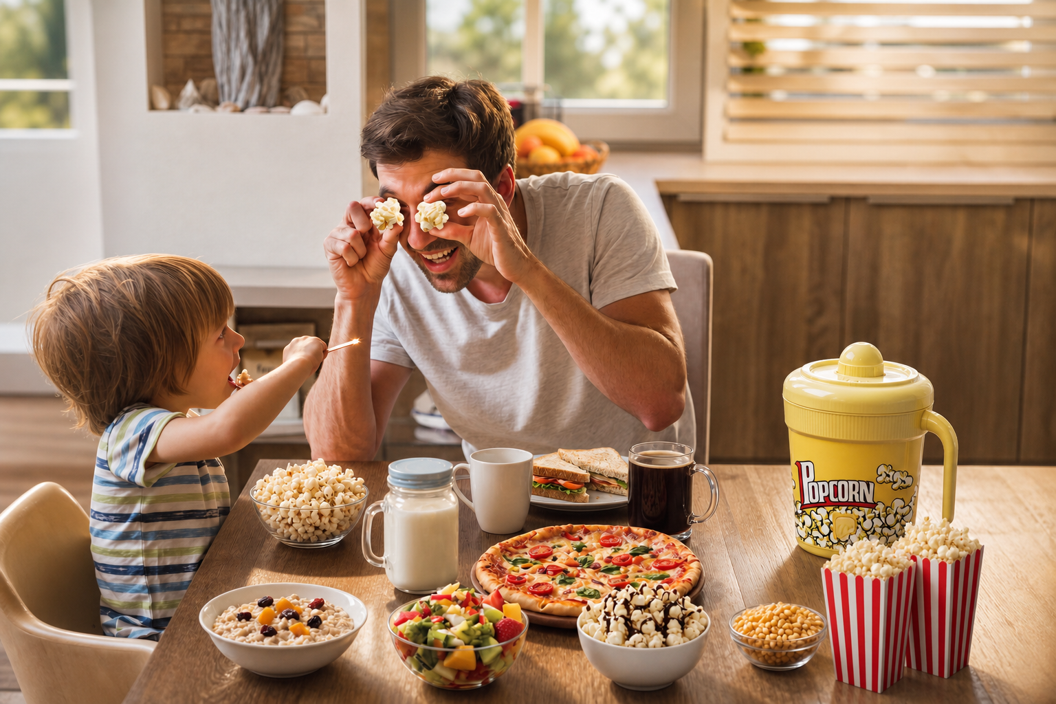 A heartwarming family moment from the Kernee brand: A father amuses his son by covering his eyes with popcorn, while a yellow popcorn machine, popcorn bucket, pizza, fruit, and other delicious food are laid out on the table.