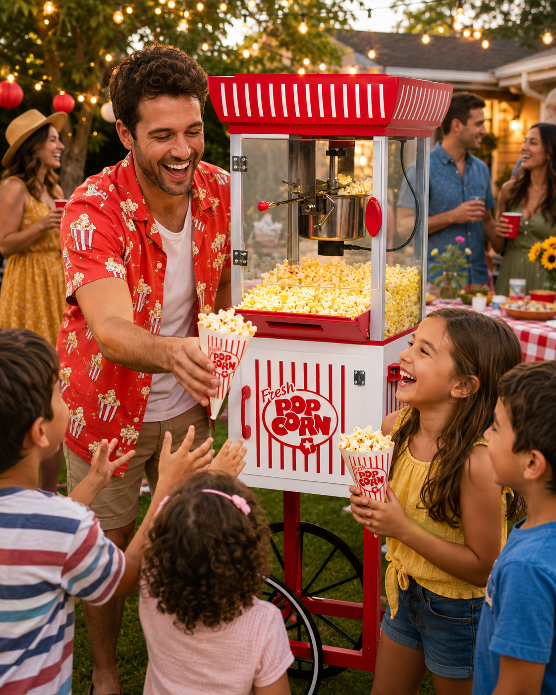 Kernee red and white cart-style popcorn maker at a backyard party with an adult serving fresh popcorn to smiling children.