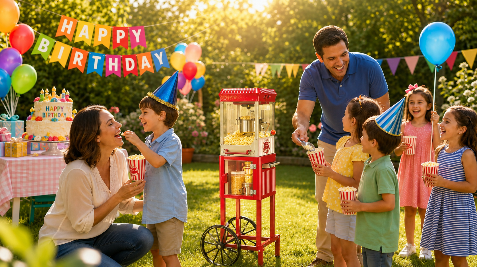 Kernee popcorn maker creating fresh popcorn for a family party scene.