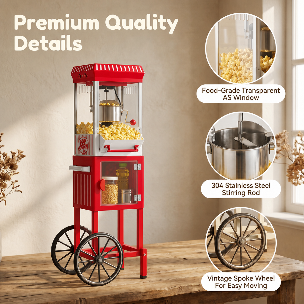 Kernee red cart-style popcorn maker with premium quality details including transparent window, stainless steel stirring rod, and vintage spoke wheels.