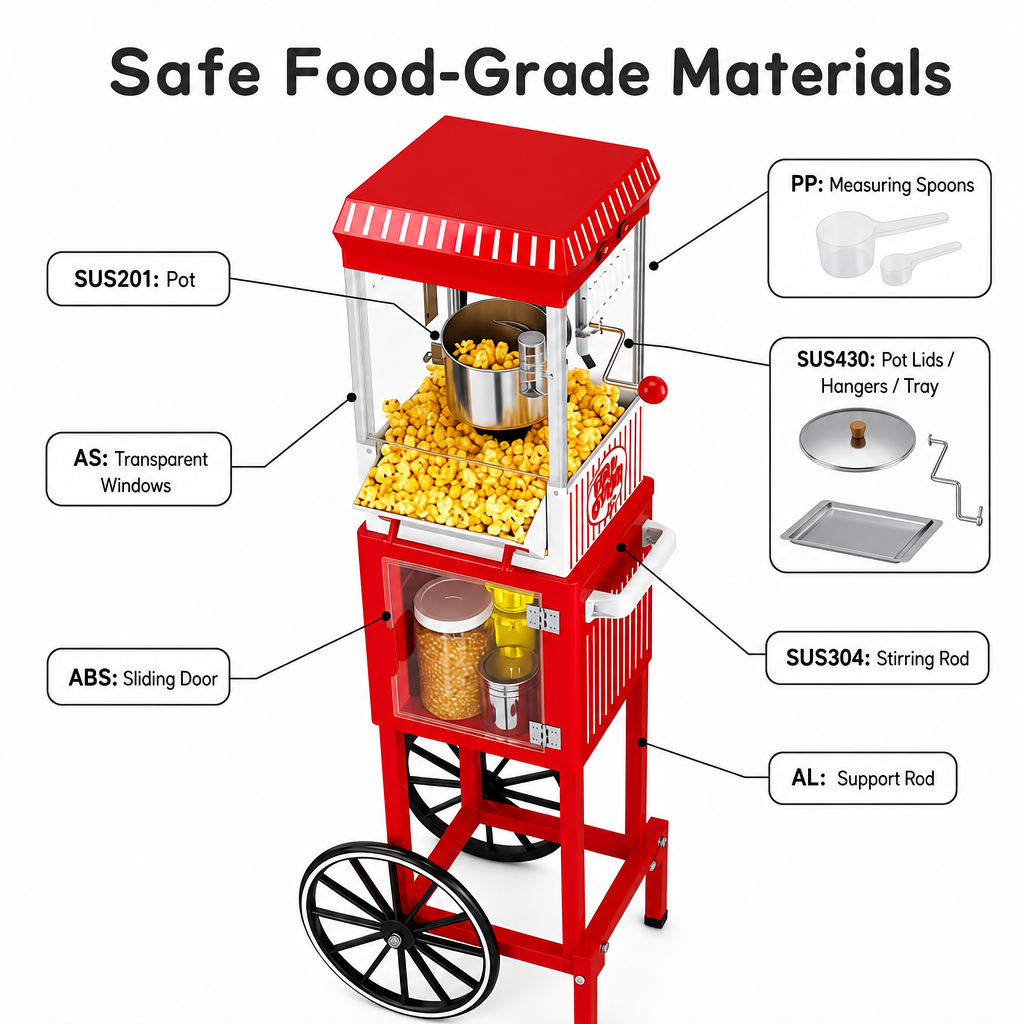 Kernee cart-style popcorn maker material guide showing food-grade kettle, transparent windows, sliding door, stirring rod, measuring spoons, and support structure.