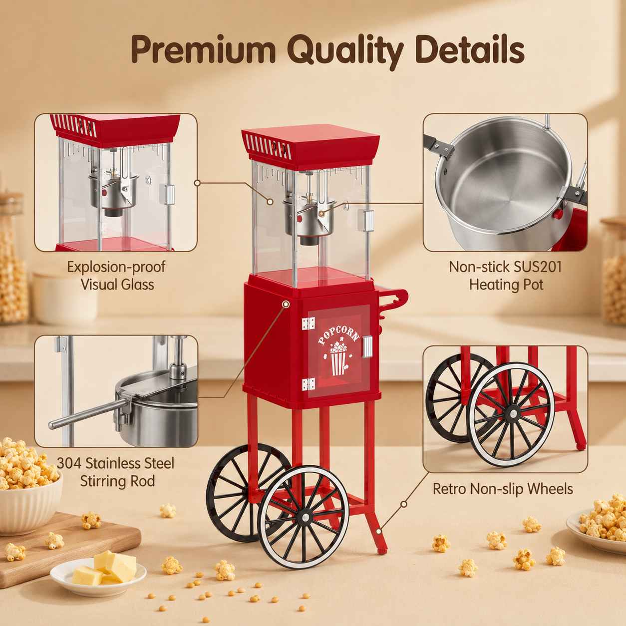 Kernee popcorn maker functional details with clear chamber, kettle, lighting, and wheels.