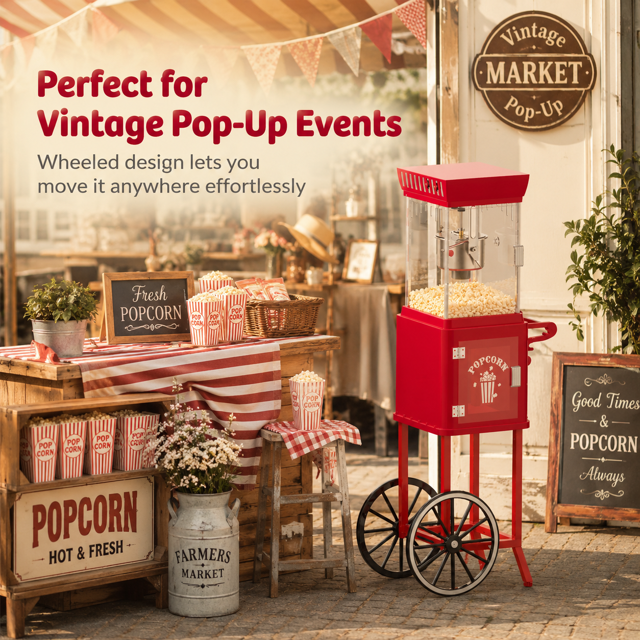 Red vintage cart-style popcorn maker displayed at an outdoor pop-up market with popcorn boxes and concession decorations.