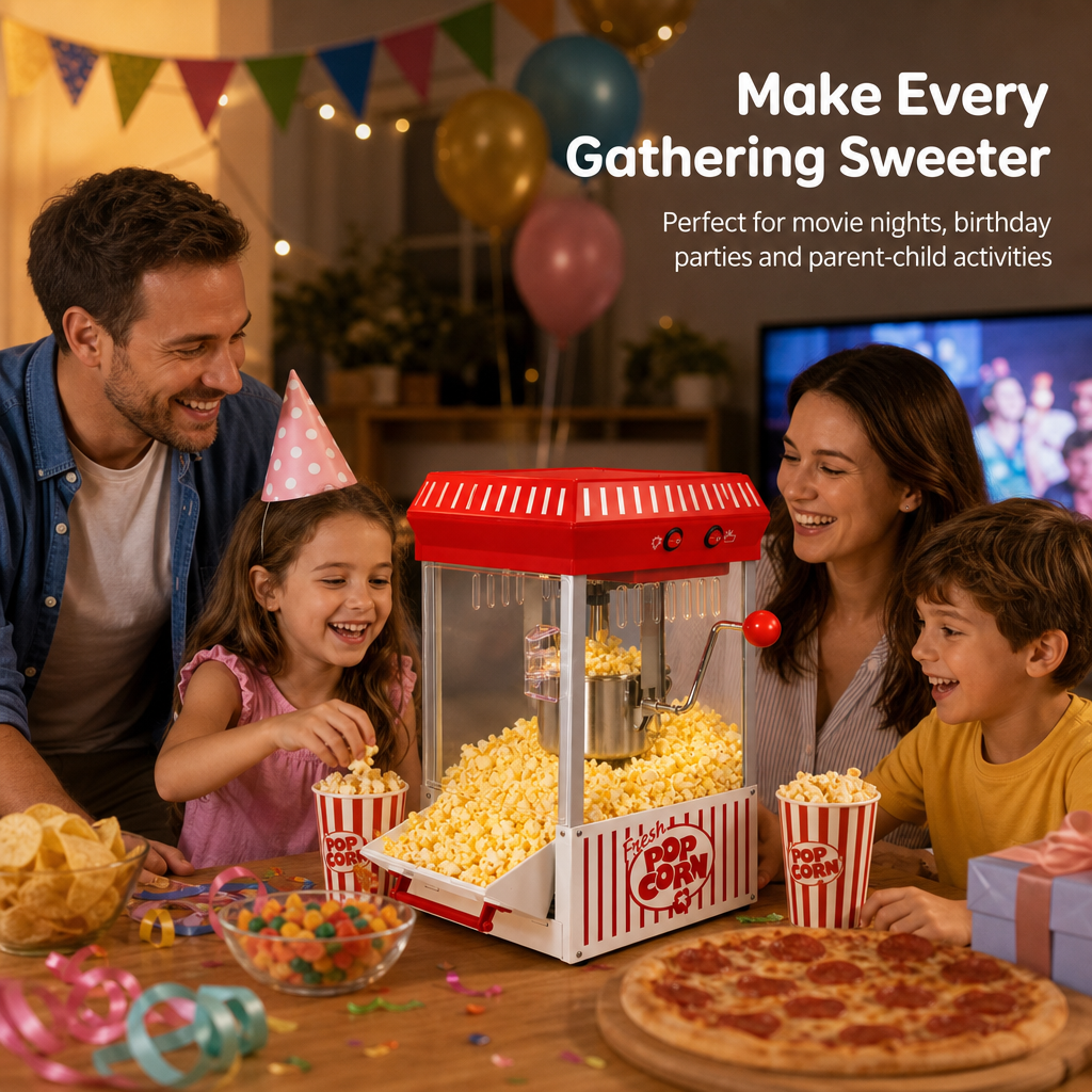 Kernee red kettle-style popcorn maker in a cozy family gathering scene with parents and children enjoying fresh popcorn at home.