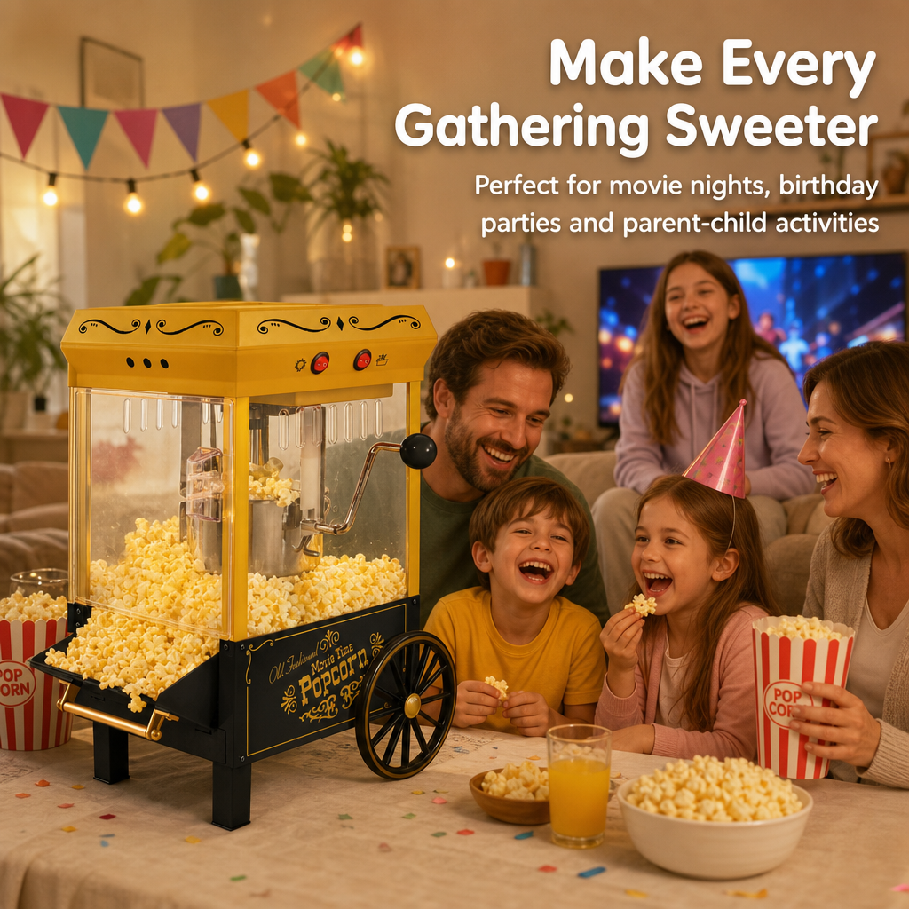 Kernee red kettle-style popcorn maker in a cozy family gathering scene with parents and children enjoying fresh popcorn during movie night.