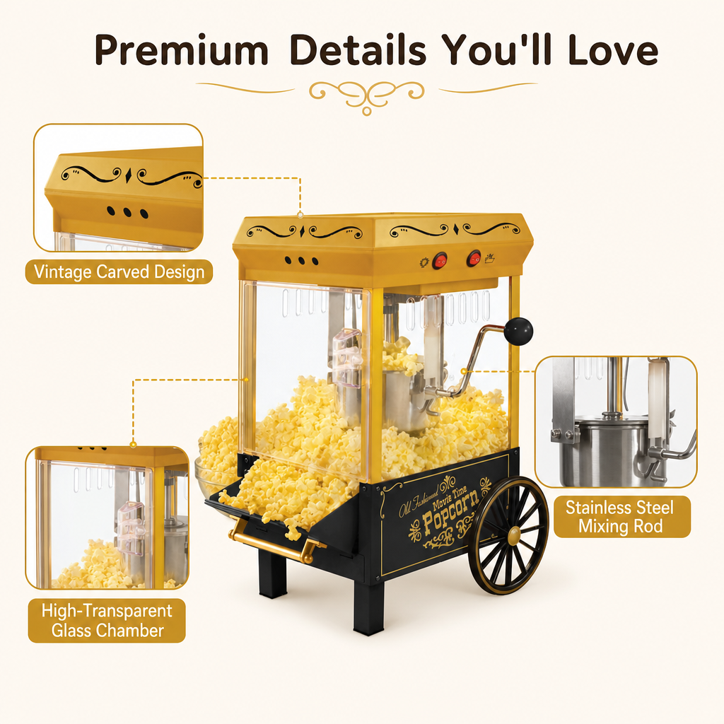 Kernee popcorn maker functional details with clear chamber, kettle, lighting, and wheels.