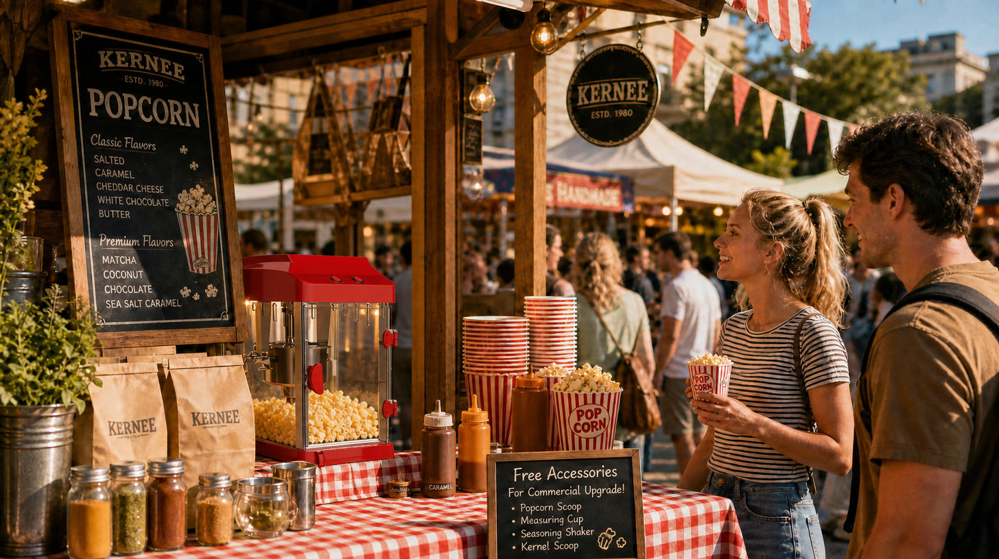 Kernee kettle-style popcorn maker displayed at a vintage outdoor market stand with red gingham tablecloth, popcorn cups, seasoning jars, paper bags, and customers enjoying fresh popcorn.