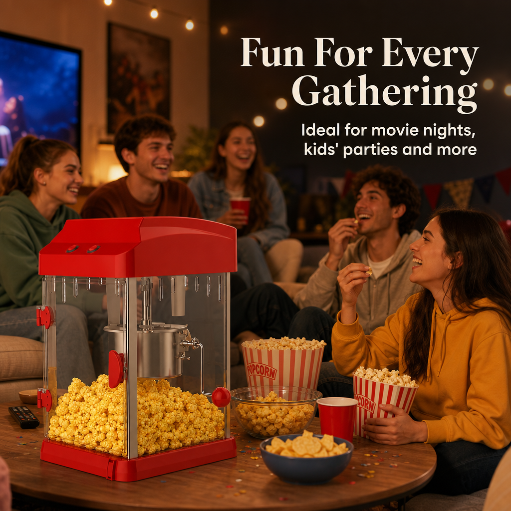 Kernee red kettle-style popcorn maker in a cozy indoor party scene with young adults enjoying fresh popcorn during movie night.