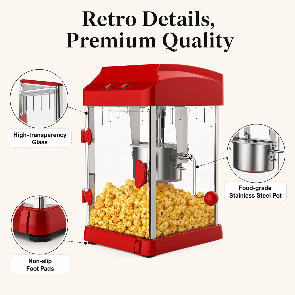 Kernee red kettle-style popcorn maker with premium details including see-through popping chamber, non-stick heating pot, easy-clean kernel tray, and retro logo design.
