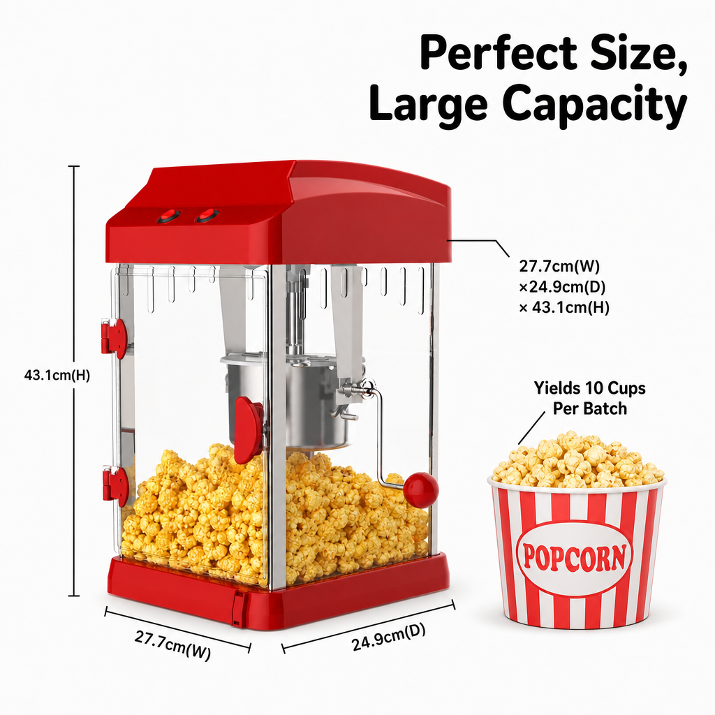 Kernee popcorn maker dimension guide showing product size and cart-style structure.