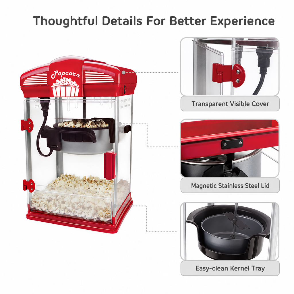 Kernee popcorn maker detail diagram showing transparent visible cover, magnetic stainless steel lid, and easy-clean kernel tray.