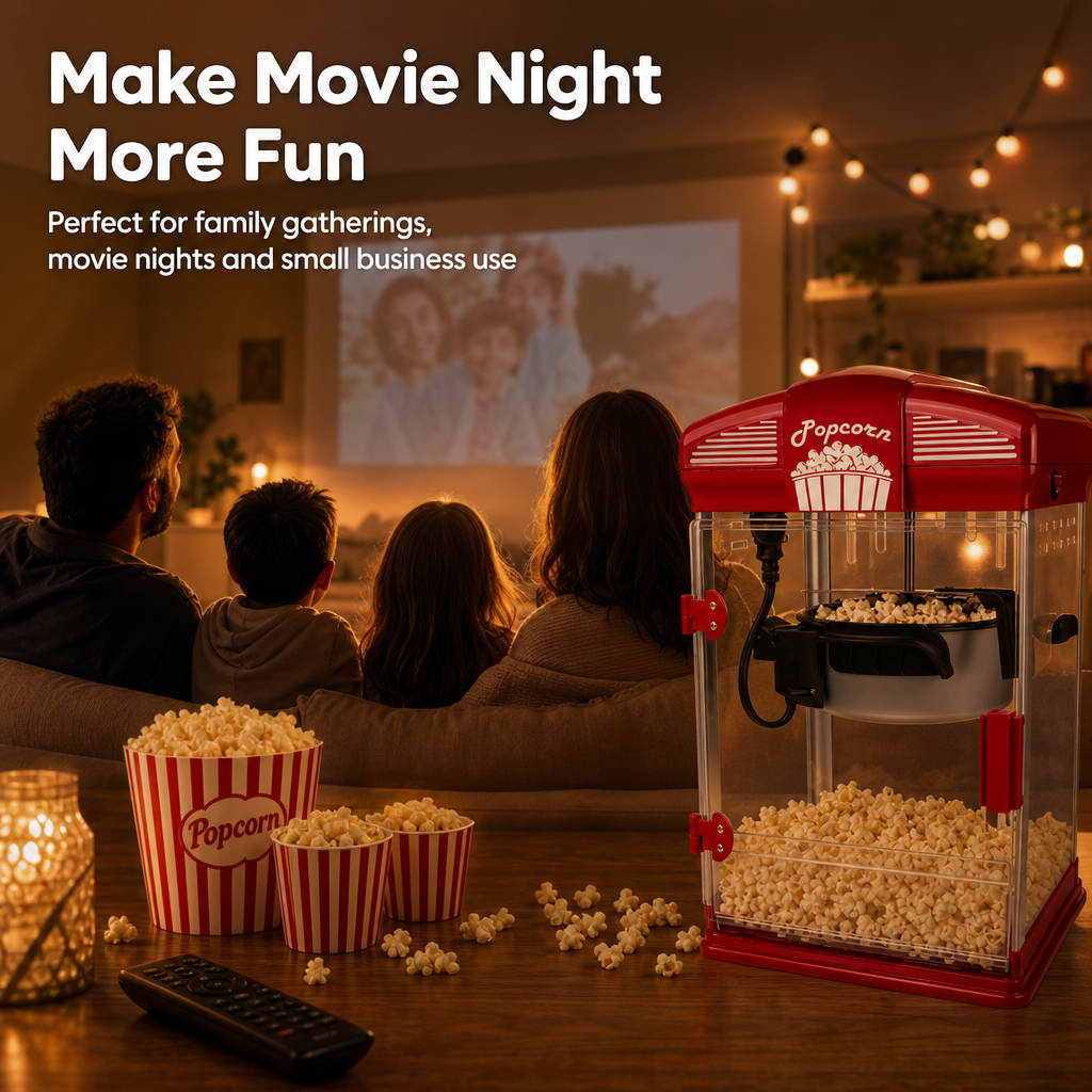 Kernee red kettle-style popcorn maker in a cozy home movie night scene with a family watching a projector and enjoying fresh popcorn.