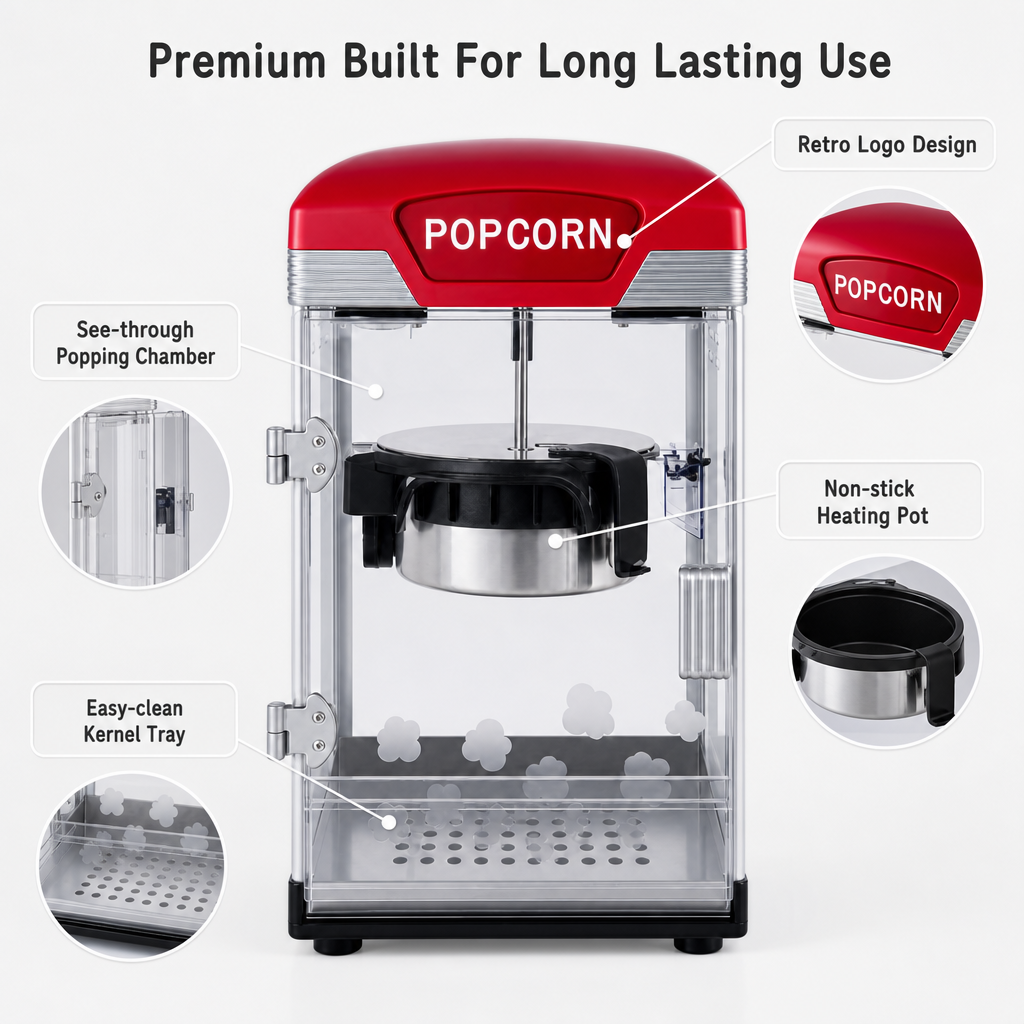 Kernee red kettle-style popcorn maker with premium details including see-through popping chamber, non-stick heating pot, easy-clean kernel tray, and retro logo design.