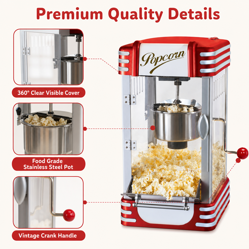 Kernee popcorn maker functional details with clear chamber, kettle, lighting, and wheels.
