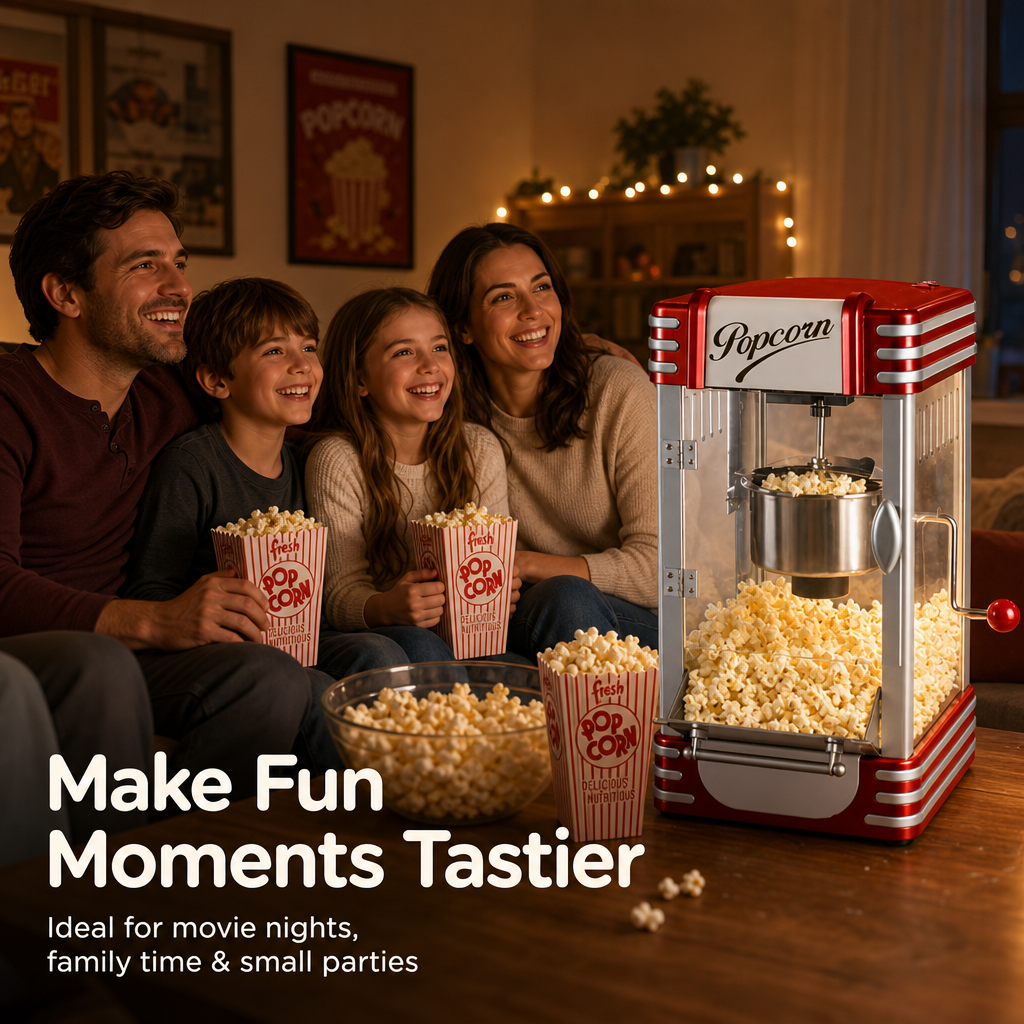 Kernee red kettle-style popcorn maker in a cozy family movie night scene with parents and children enjoying fresh popcorn.