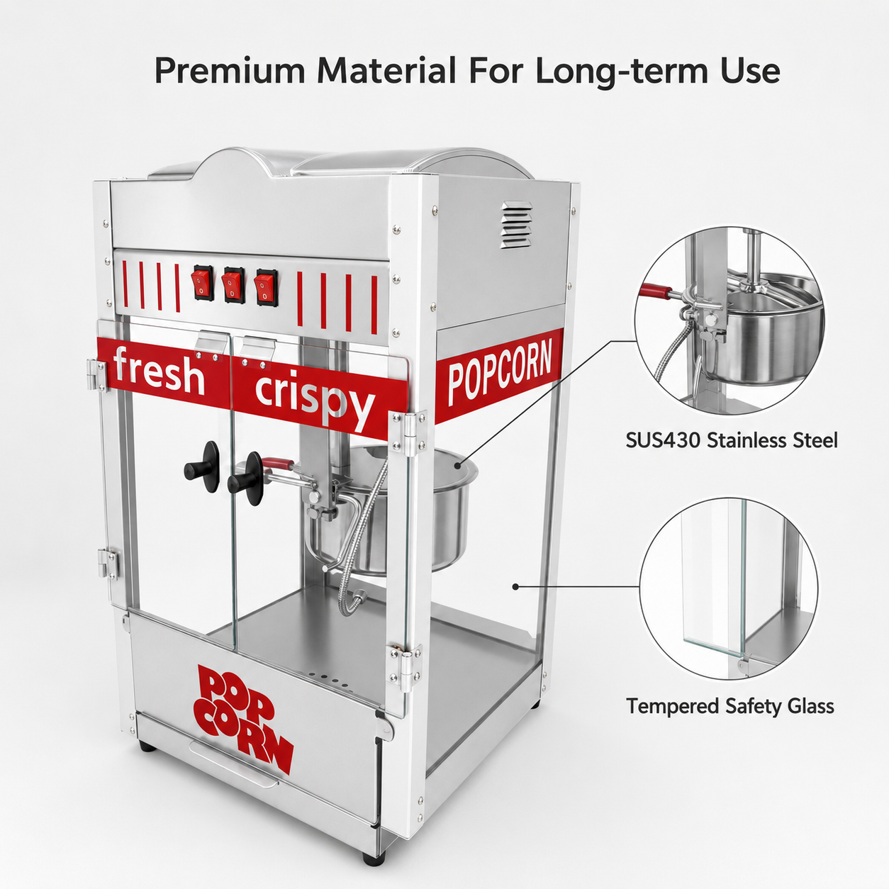 KERNEE commercial popcorn machine material detail image showing SUS430 stainless steel pot and tempered safety glass enclosure.