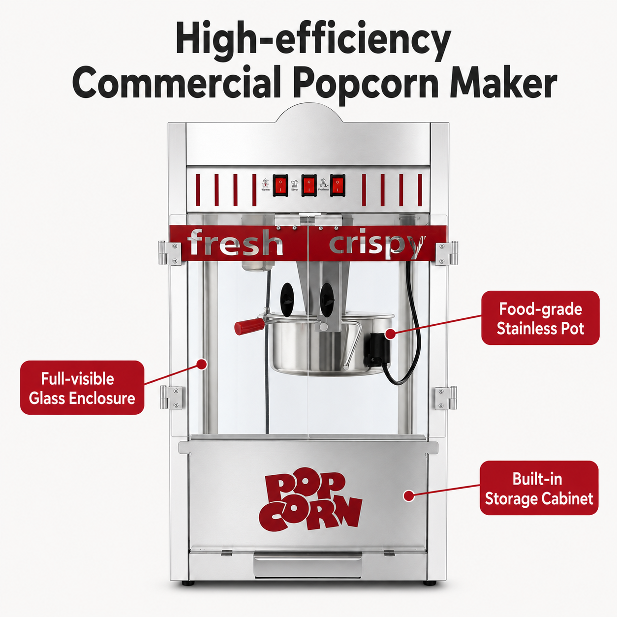 KERNEE commercial popcorn maker feature diagram showing food-grade stainless pot, full-visible glass enclosure, and built-in storage cabinet.