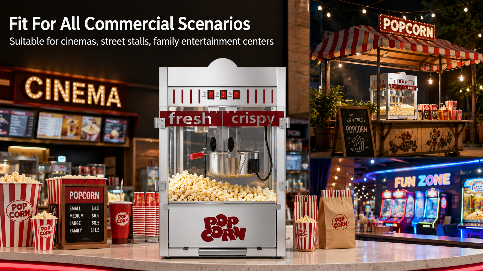 KERNEE commercial popcorn machine shown across cinema, street stall, and family entertainment center scenarios.