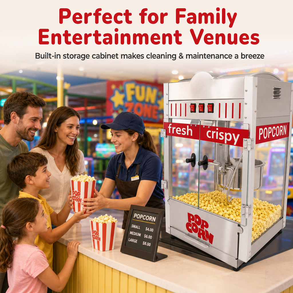 KERNEE commercial popcorn machine at a family entertainment venue with staff serving popcorn to a family and children.