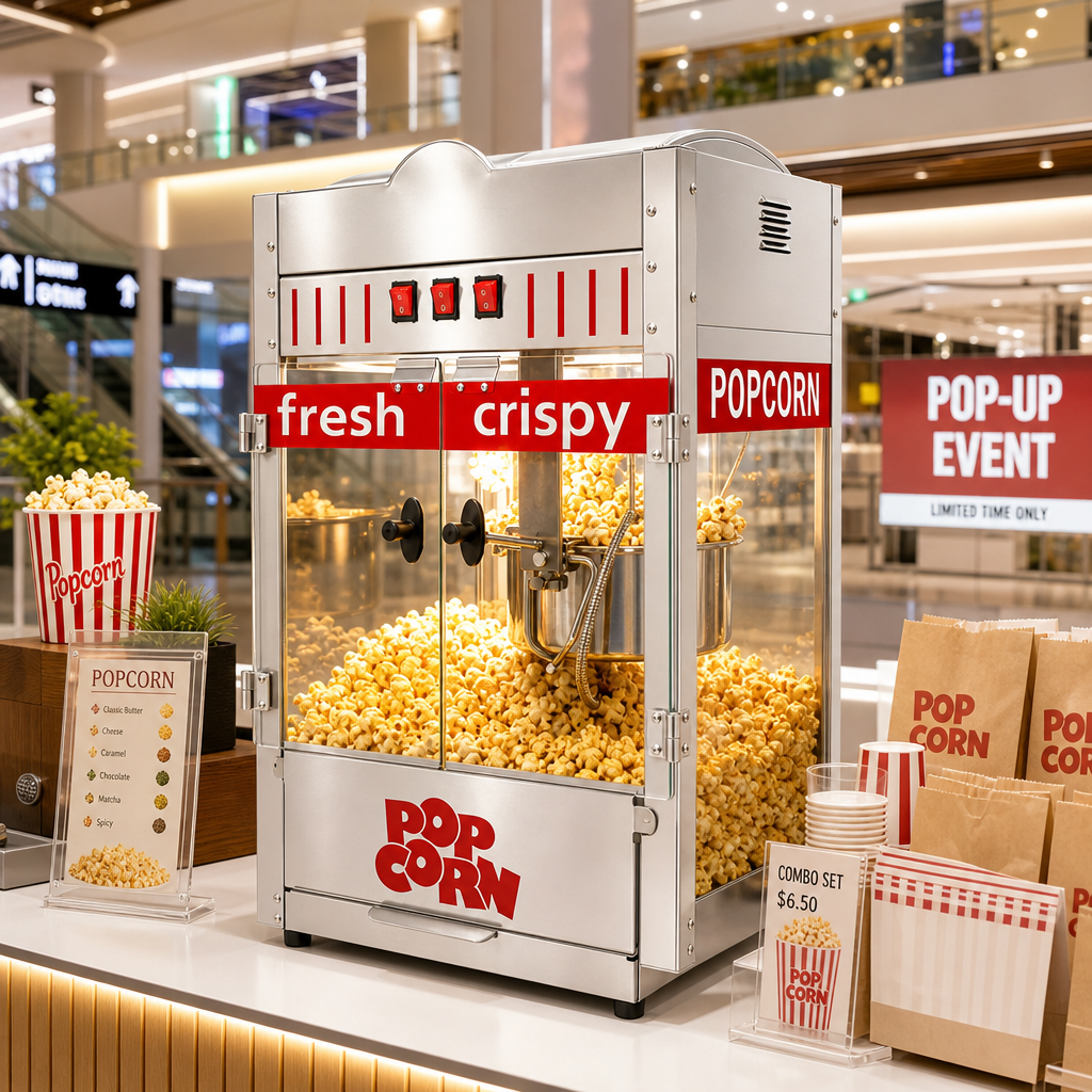 KERNEE commercial popcorn machine displayed at a shopping mall pop-up event counter with popcorn cups, paper bags, flavor menu, and promotional signage.