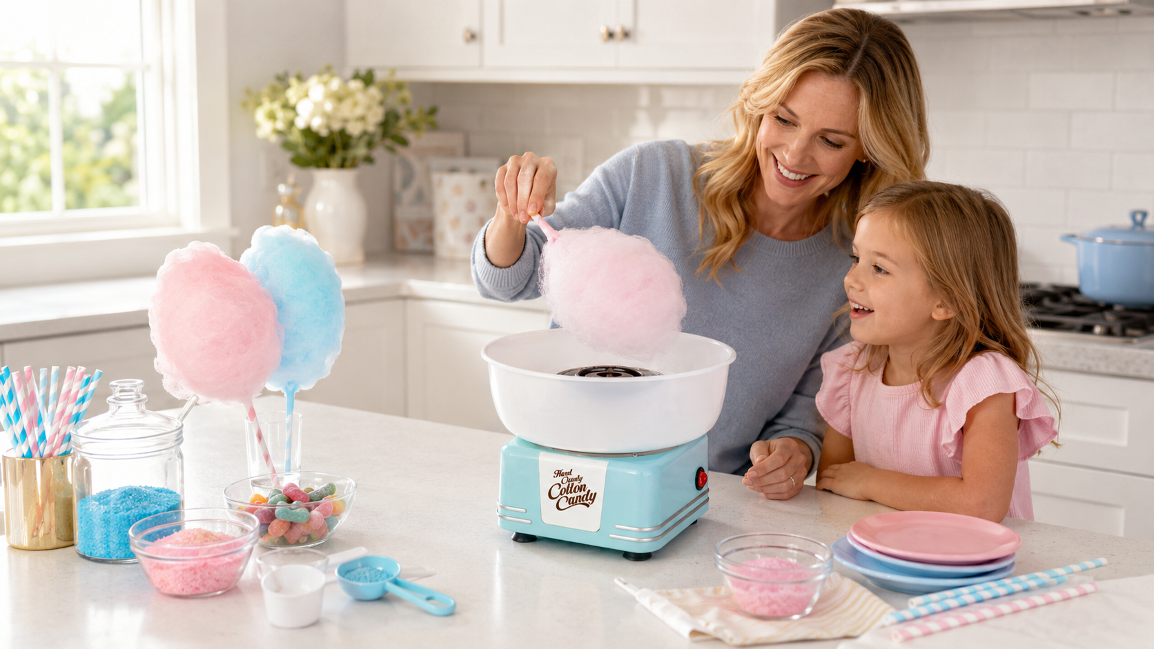 A happy mother and young child interacting and smiling together around a vintage lifestyle kitchen appliance on a sun-drenched white countertop.