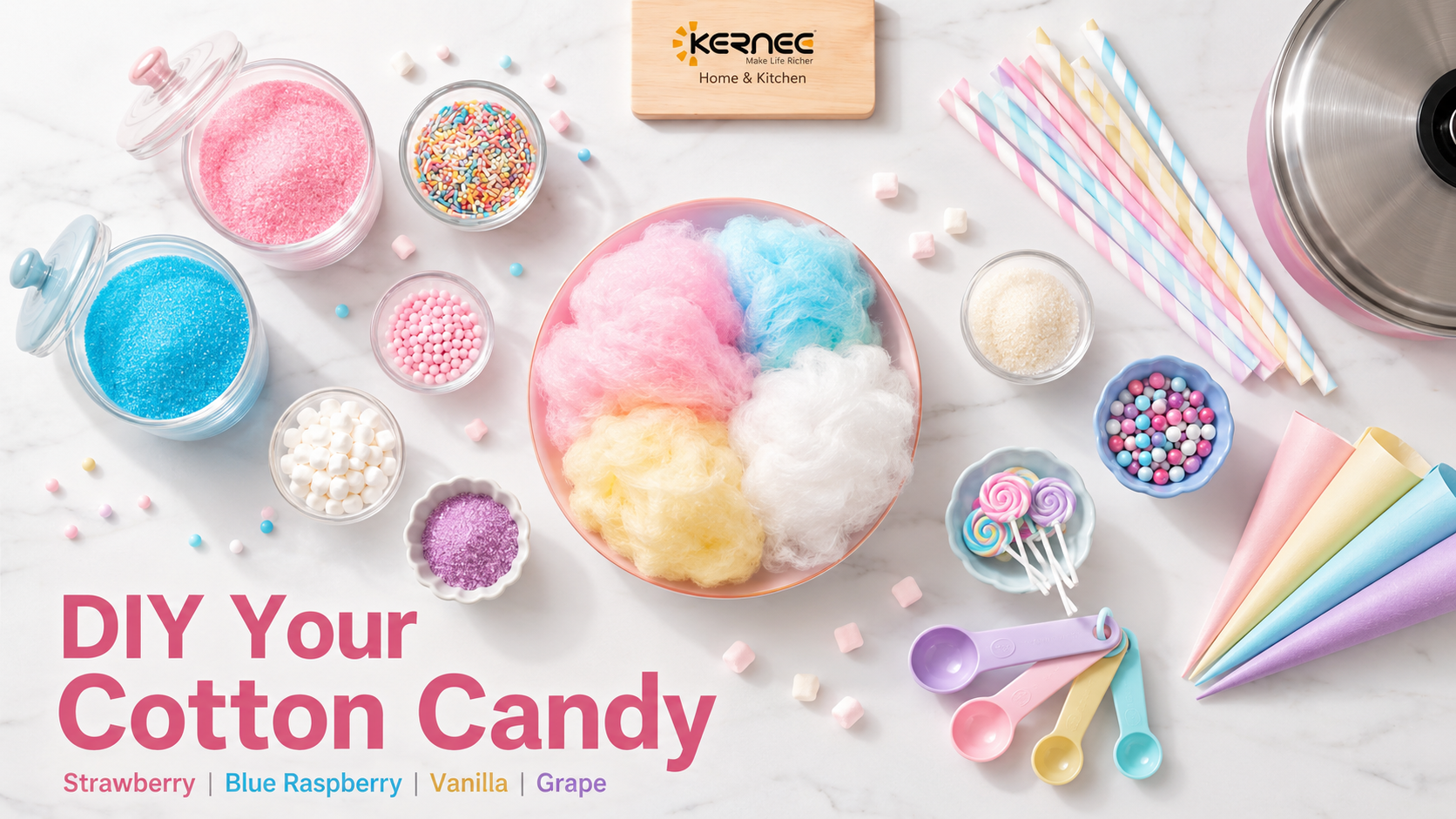 KERNEE cotton candy DIY flat lay with colorful sugar, sprinkles, paper cones, measuring spoons and fluffy cotton candy on a white marble table. 