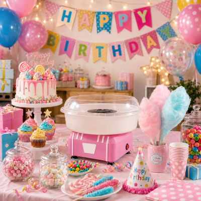 Kernee Compact Cotton Candy Maker | Stylish Pink Countertop Candy Maker with Suction Cup Feet for Stability, Includes 2 Cones & Measuring Scoop | Pink