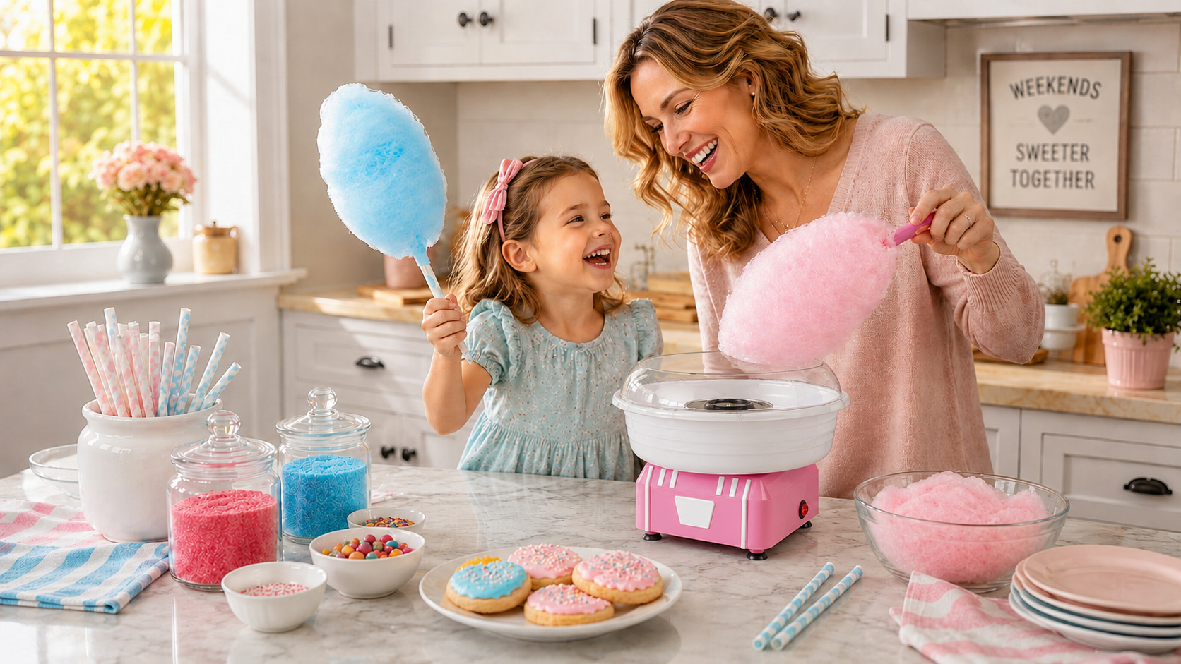 A happy mother and young child interacting and smiling together around a vintage lifestyle kitchen appliance on a sun-drenched white countertop.