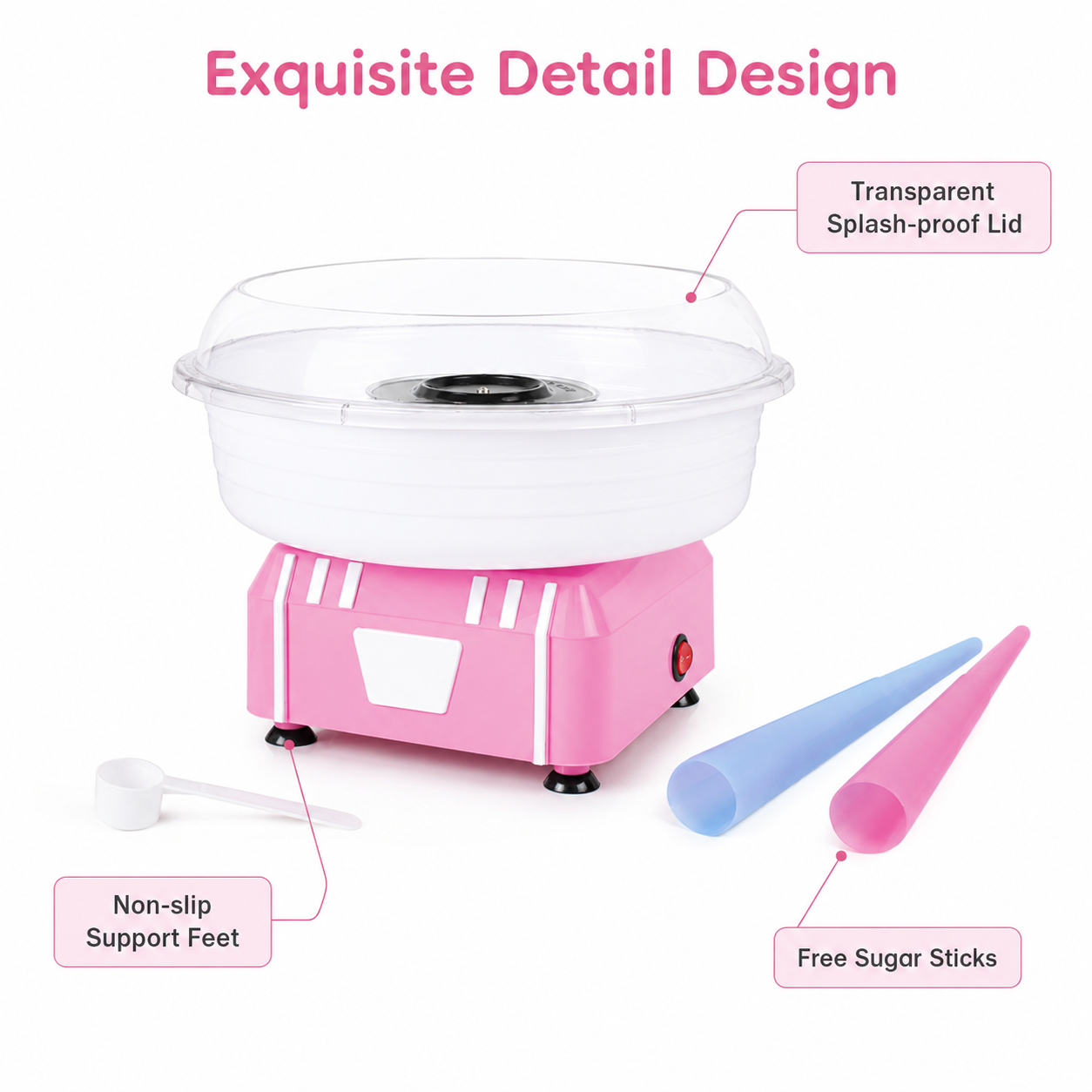 KERNEE blue cotton candy maker with transparent splash-proof bowl, one-touch power button and easy-use product detail callouts.