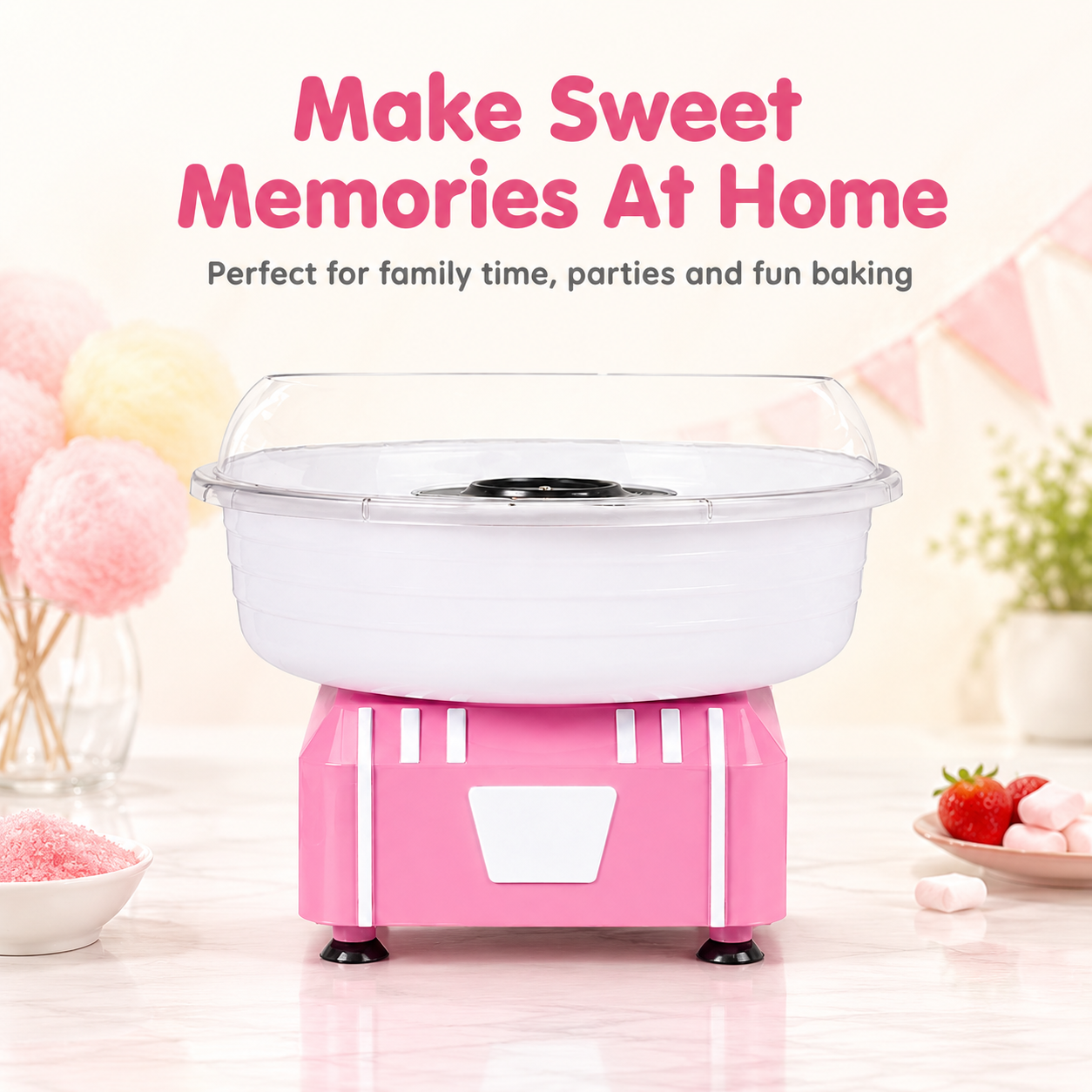 Mother and child making cotton candy with a KERNEE home cotton candy maker in a bright family party setting.