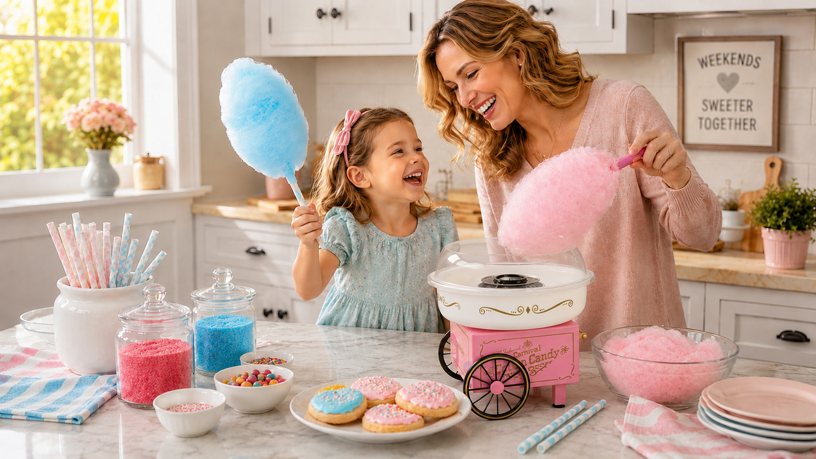 A happy mother and young child interacting and smiling together around a vintage lifestyle kitchen appliance on a sun-drenched white countertop.