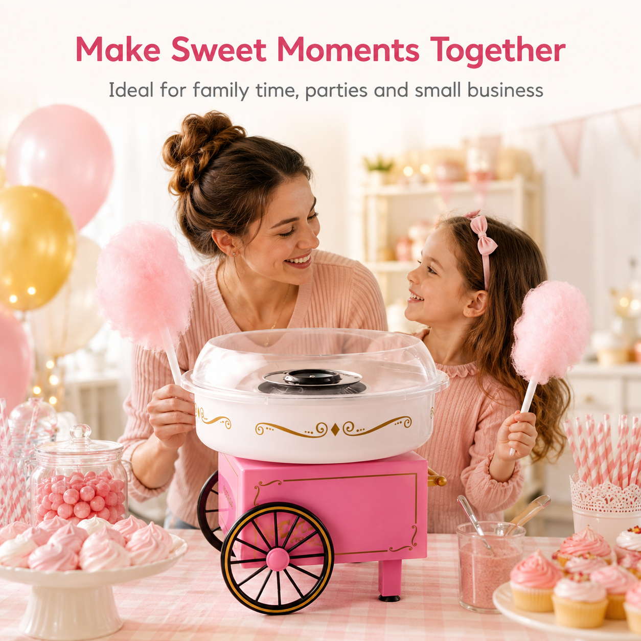 Mother and child making cotton candy with a KERNEE home cotton candy maker in a bright family party setting.
