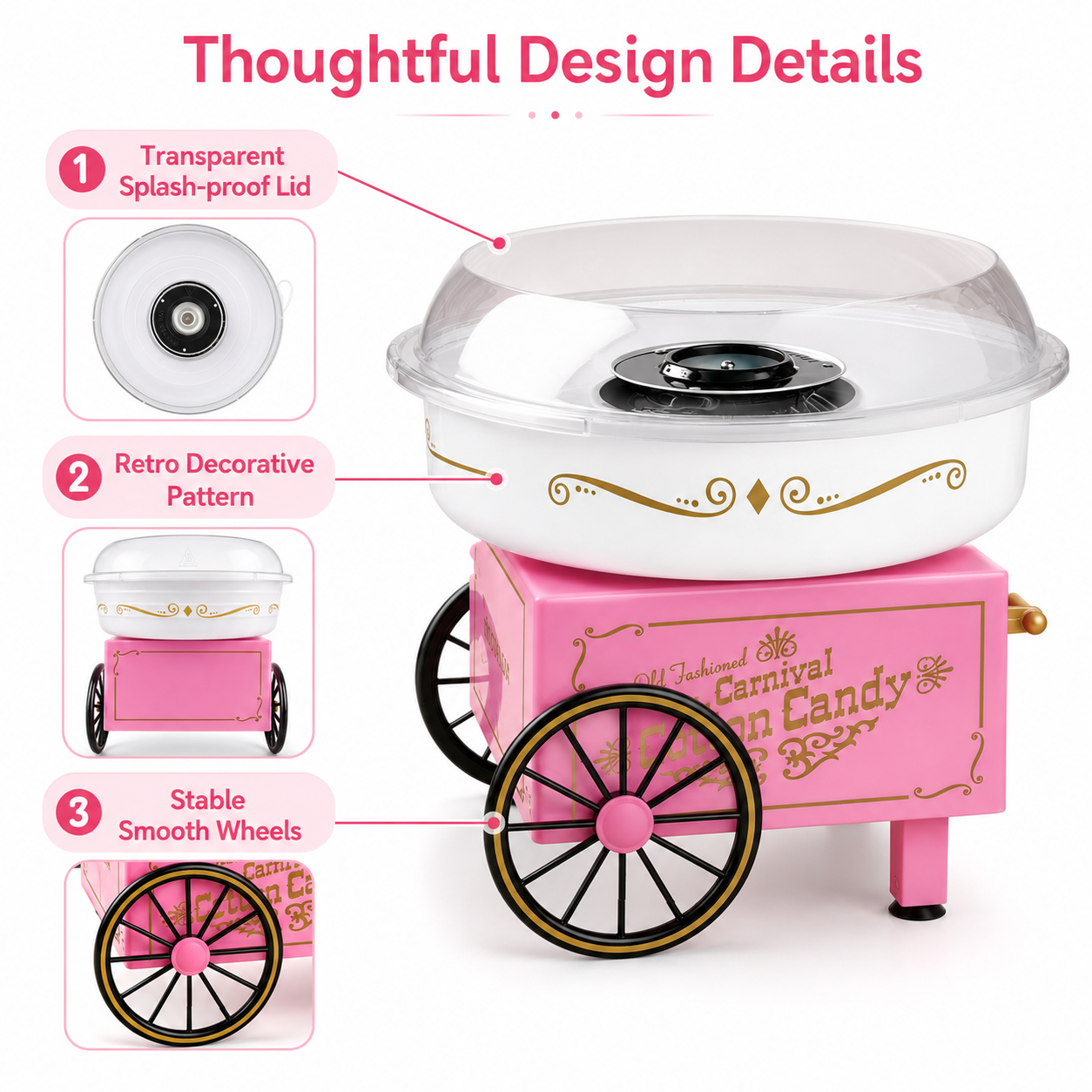 KERNEE blue cotton candy maker with transparent splash-proof bowl, one-touch power button and easy-use product detail callouts.