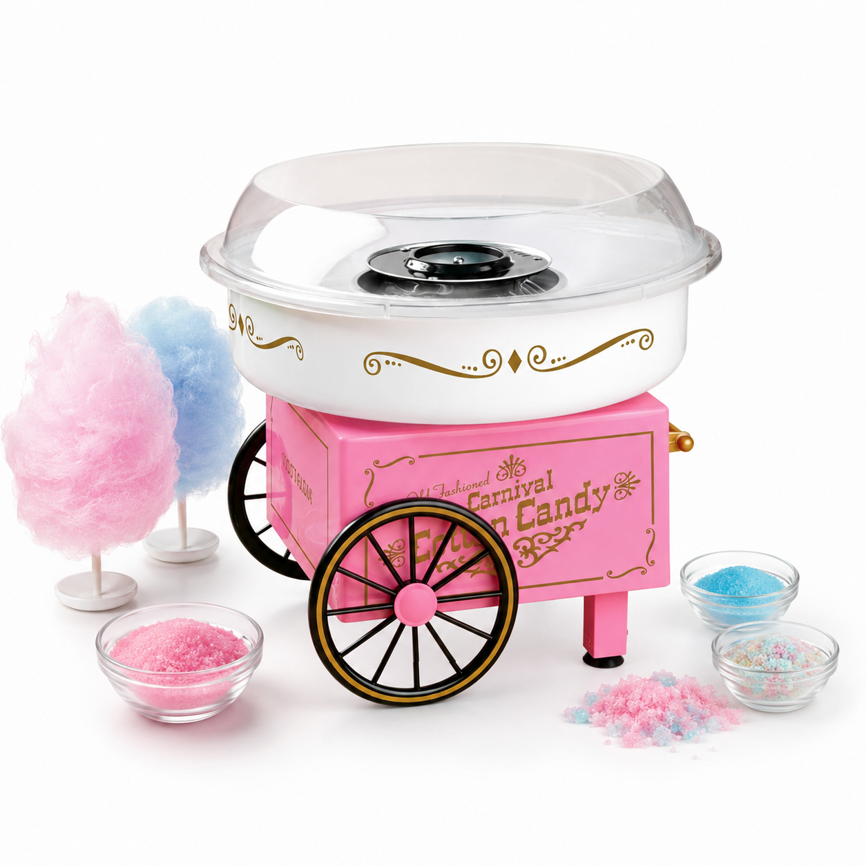 A happy mother and young child interacting and smiling together around a vintage lifestyle kitchen appliance on a sun-drenched white countertop.