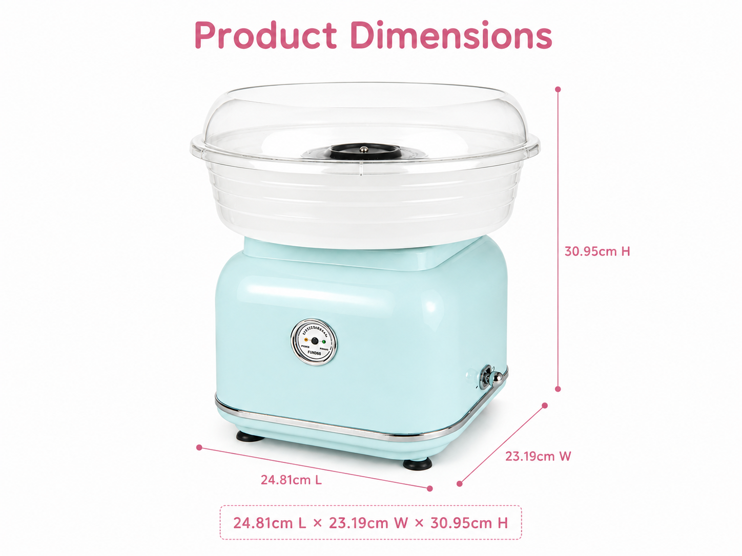 Side view dimension infographic of a compact Kernec countertop appliance placed next to a standard reference object for scale comparison.