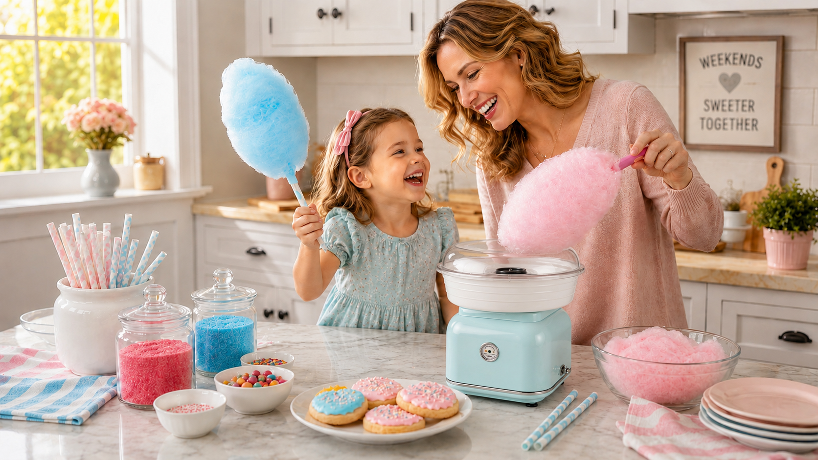A happy mother and young child interacting and smiling together around a vintage lifestyle kitchen appliance on a sun-drenched white countertop.