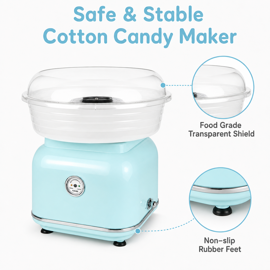KERNEE blue cotton candy maker with transparent splash-proof bowl, one-touch power button and easy-use product detail callouts.
