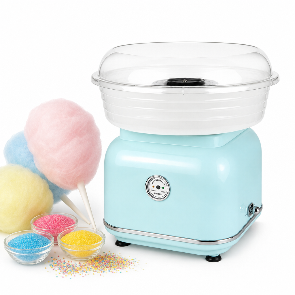 A happy mother and young child interacting and smiling together around a vintage lifestyle kitchen appliance on a sun-drenched white countertop.