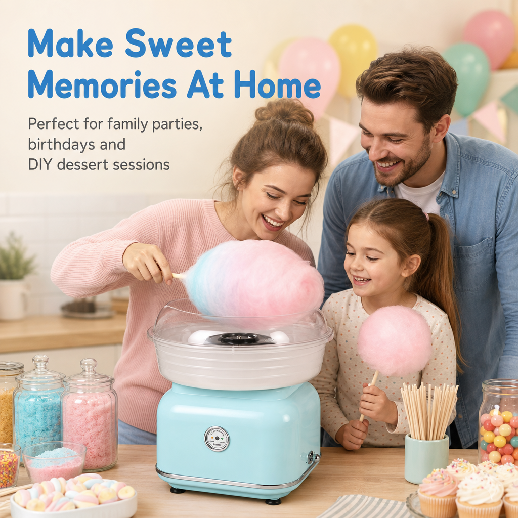 Mother and child making cotton candy with a KERNEE home cotton candy maker in a bright family party setting.