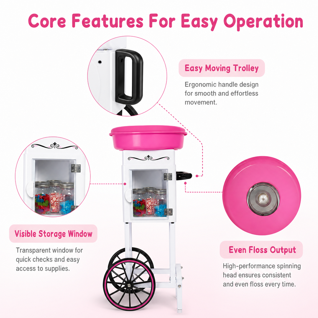 KERNEE blue cotton candy maker with transparent splash-proof bowl, one-touch power button and easy-use product detail callouts.