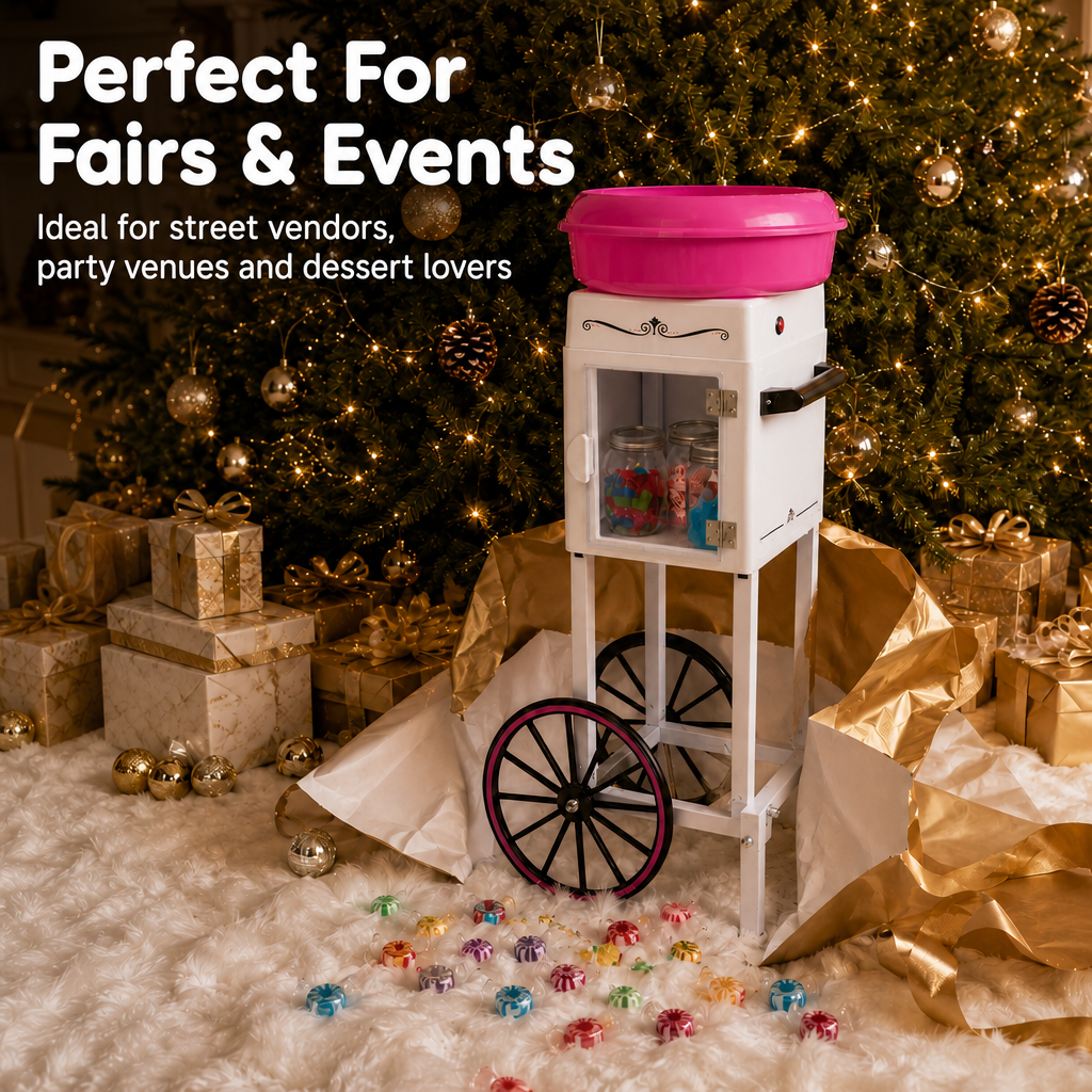 Pushcart-style cotton candy machine with a rose-pink bowl, white body, transparent display cabinet, and vintage wheels displayed in a festive event setting with warm lights, gift boxes, and holiday decorations.