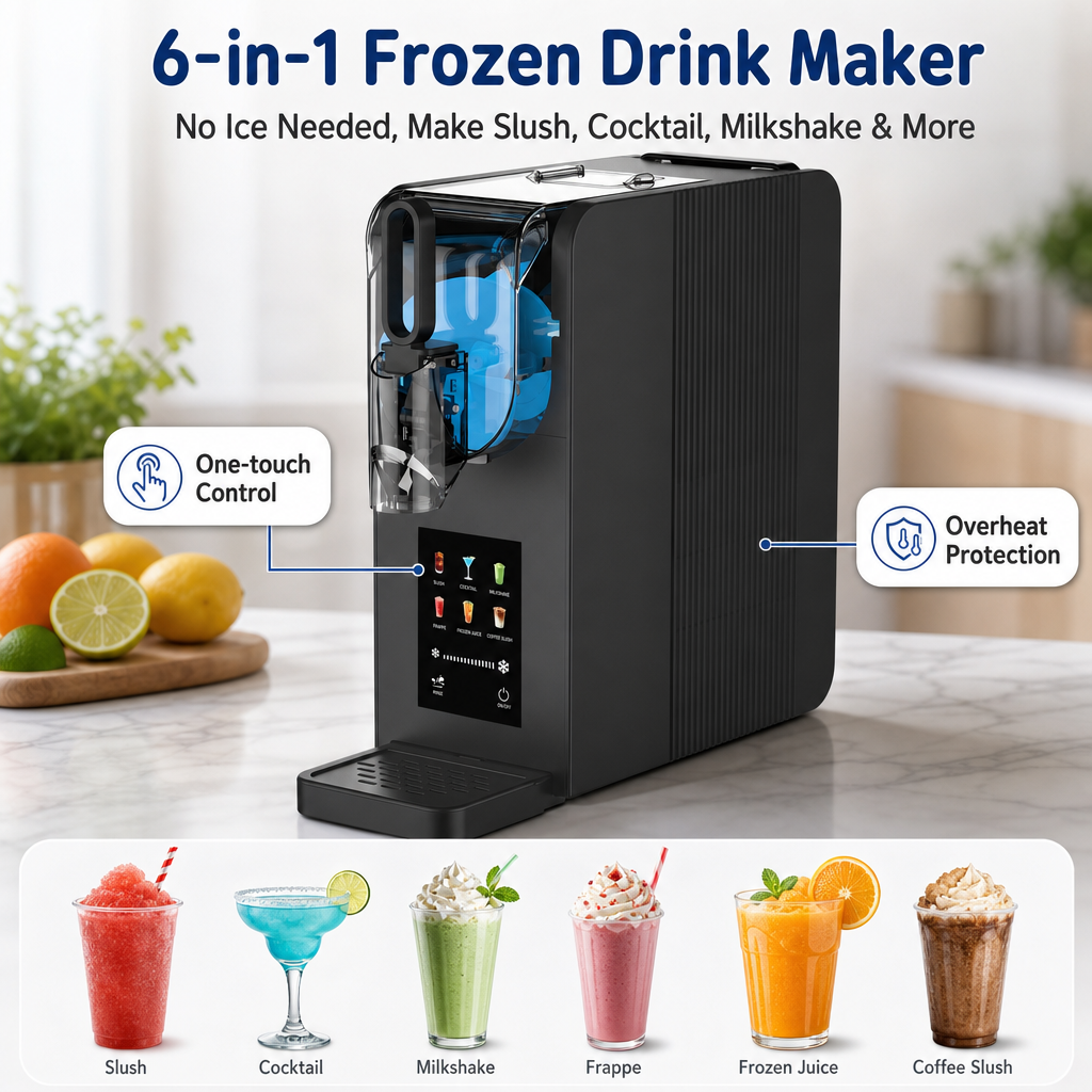 KERNEE Multifunctional Home Smoothie Maker—featuring intuitive one-touch controls—showcased alongside finished examples of shaved ice, cocktails, milkshakes, and juices.